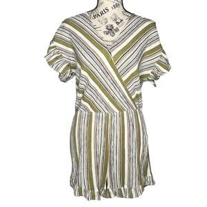 umgee MEDIUM Faux Wrap Ruffle Sleeve Hem Elastic Waist Striped V Neck Romper